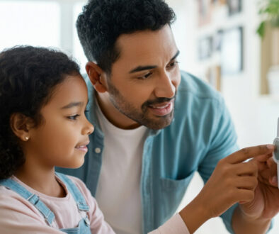 Man and child adjusting thermostat.