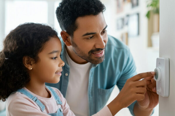 Man and child adjusting thermostat.